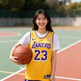 一位年轻女性球迷头像特写，她穿着NBA湖人队球衣，手持篮球，站在球场边线上笑容灿烂